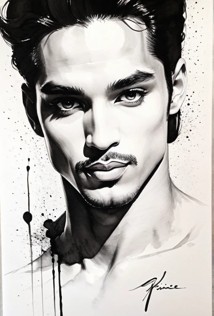 Elegant prince,black and white ink painting，Pen sketch，Gentle brushstrokes，Draw delicate lines with a pen，Fluid Action，Subtle ink shades，Graceful posture，Peaceful look，Delicate facial features，Black and White，clean
