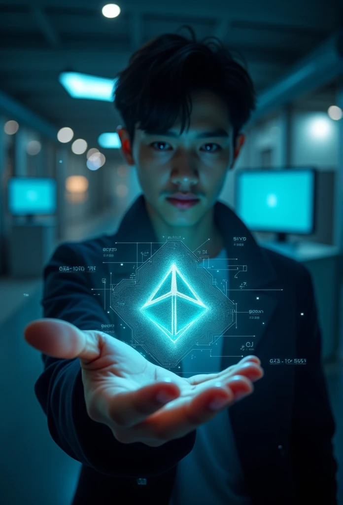 Draw an artistic representation of the cryptocurrency ada cardano as a glowing hologram in the palm of your hand, com cores vibrantes e efeitos futuristas
