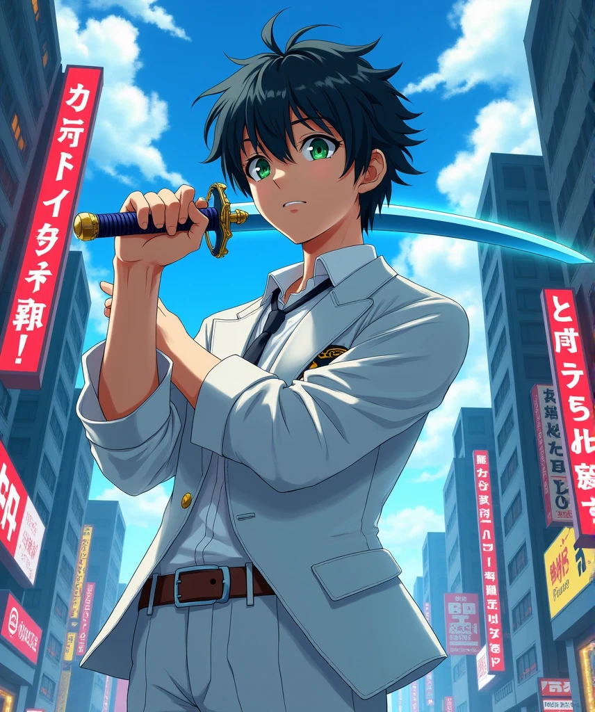 1 boy, teenager, short black messy hair, bright green eyes, stylish Japanese school outfit in white, illustration from the anime Kimetsu no Yaiba, holding a blue sword, city background