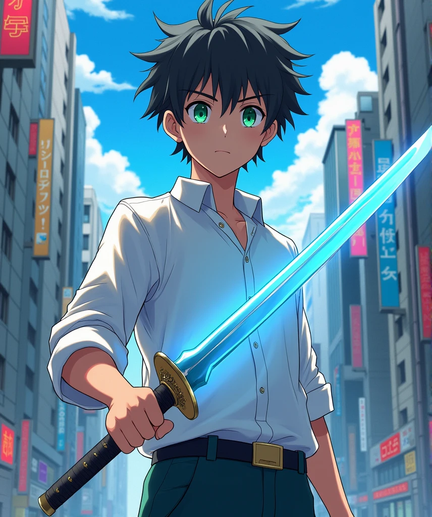 1 boy, , short black messy hair, bright green eyes, stylish Japanese school outfit in white, illustration from the anime Kimetsu no Yaiba, holding a blue sword, city background