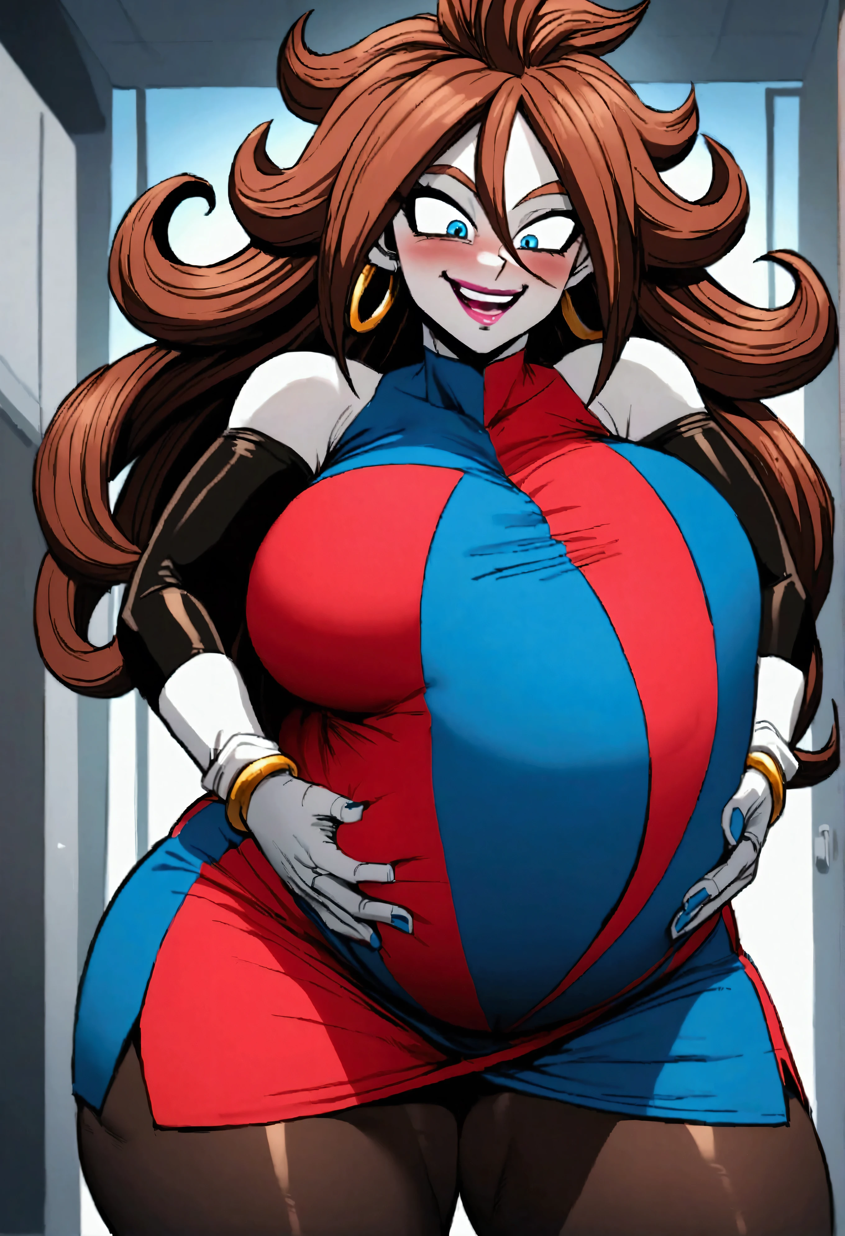 Android 21 from dragonball brown hair, long hair, curly hair, blue eyes, hoop earrings, two-tone dress, checkered dress, sleeveless, black pantyhose, thick thighs, teasing, pregnant, crazy smile,