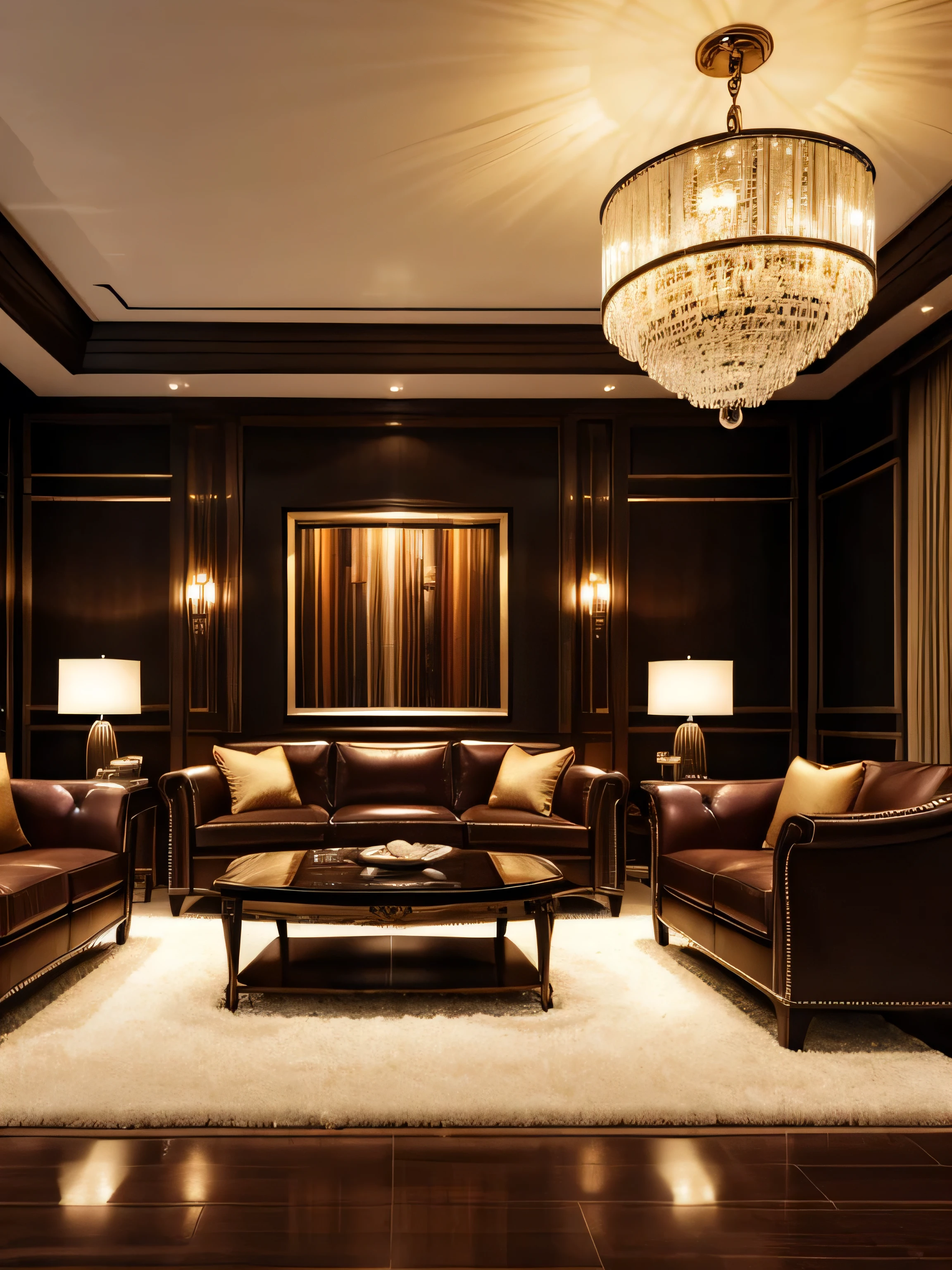 A luxurious interior with a beautifully designed living room, high-quality leather sofa, warm lighting, elegant decor, large windows, hardwood floors, sophisticated art pieces, lush plants, (best quality,4k,8k,highres,masterpiece:1.2),ultra-detailed,(realistic,photorealistic,photo-realistic:1.37),intricate details,cinematic lighting,natural textures,elegant design,chiaroscuro lighting,luxurious living room,high-end furniture,dramatic shadows,warm color palette