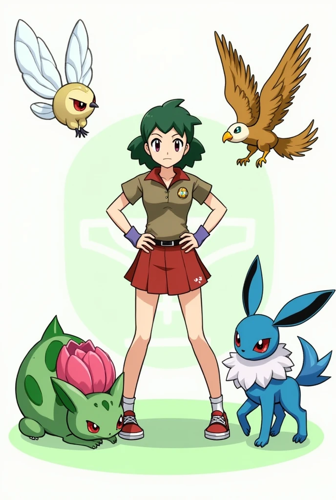 The image shows Leaf, a pokemon trainer from the game *Pokemon LeafGreen*, In the middle, con una postura confiada and las manos en las caderas. She is surrounded by four Pokémon: **beedrill**, a Bug-type Pokémon/Veneno con alas transparentes and ojos rojos, located on the top left; **Pidgeot**, a Normal-type Pokémon/Volador con alas extendidas and plumaje marrón dorado, At the top right; **vaporeon**, un Pokémon de tipo Agua con cuerpo azul and aletas, In the bottom right; and **Venusaur**, a Grass-type Pokémon/Veneno con un gran cuerpo verde and una flor rosa en su espalda, located at the bottom left. Make it pixelated, in the style of an old video game