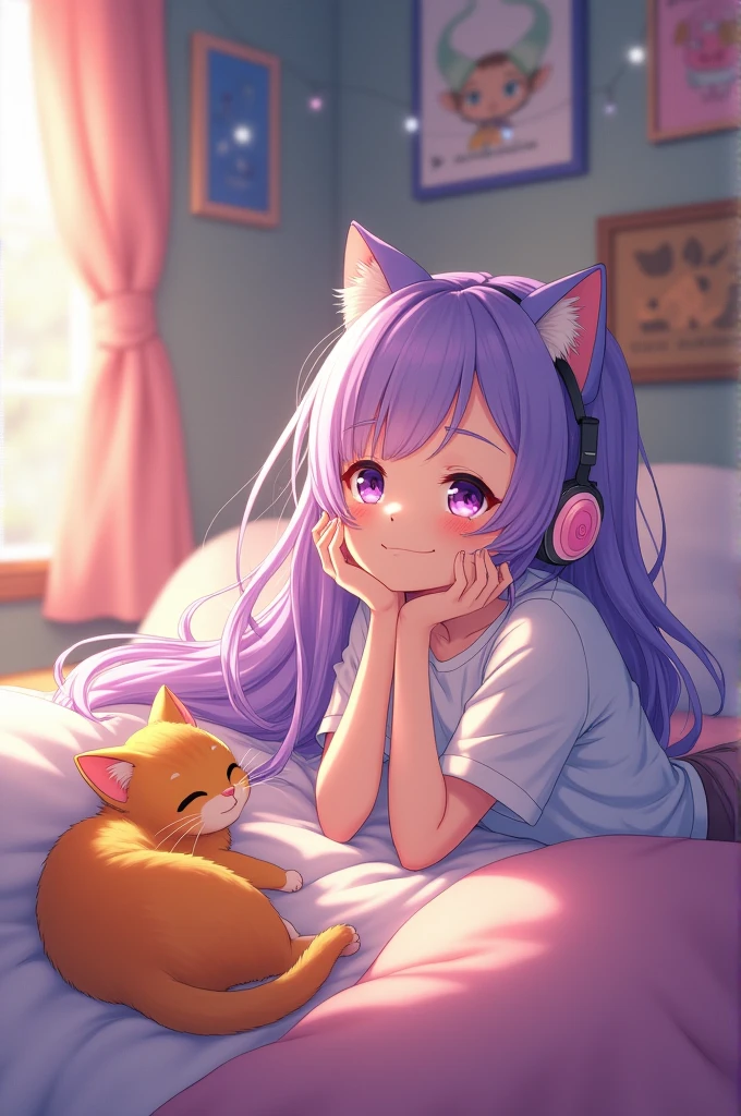 Cute anime girl smiling with pastel purple hair listening to music lying on her bed with an orange cat