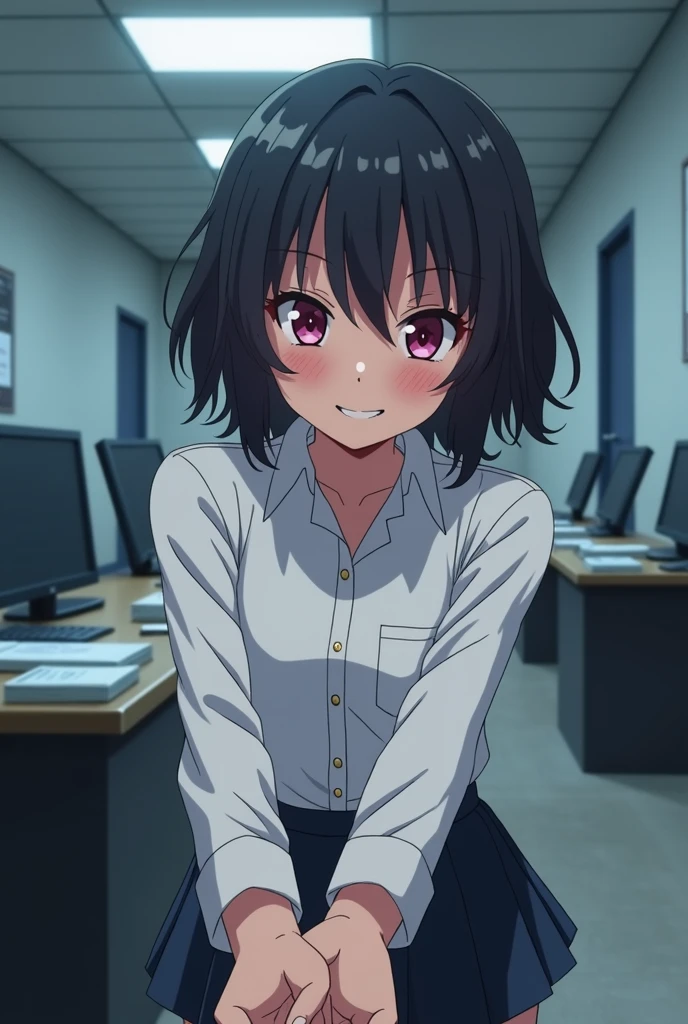 Anime girl with short curly black hair and angular pink eyes wearing a white dress shirt bending over embarrassed and mischievous and sly blushing with shy grin at camera and holding hands with somebody beyond the camera in an police office setting