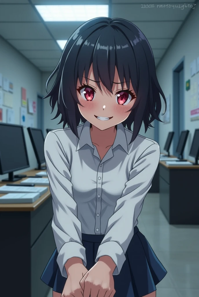 Anime girl with short curly black hair and angular pink eyes wearing a white dress shirt bending over embarrassed and mischievous and sly blushing with shy grin at camera and holding hands with somebody beyond the camera in an police office setting