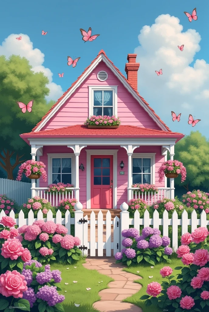 Pink Cottage**: This charming cottage is painted in pastel pink with white trim. The garden is full of blooming flowers, and a white picket fence surrounds the property. It's cozy, welcoming, and very girly.
