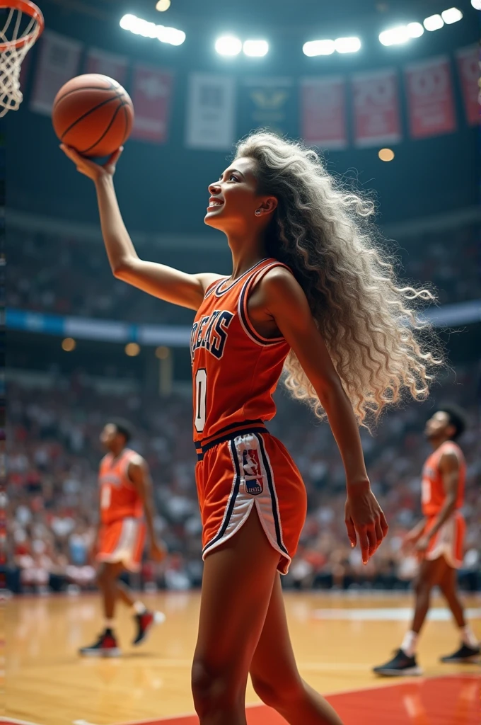 A beautiful youthful looking
American version of Ariana Grande as a 50 years old woman with very long hair completely gray hair in a long big curls styles as a retired
NBA player wearing her old NBA jersey shooting the ball in the basket in a nba stadium she is smiling for the camera in the background are younger male basketball player in their 20s