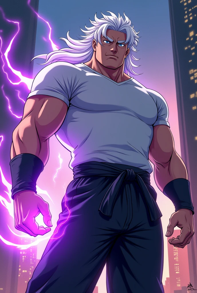 300 pound body and white hair blue eyes gojo satoru in white T-shirt black leg karate suit shoot purple hollow from left hand anime style