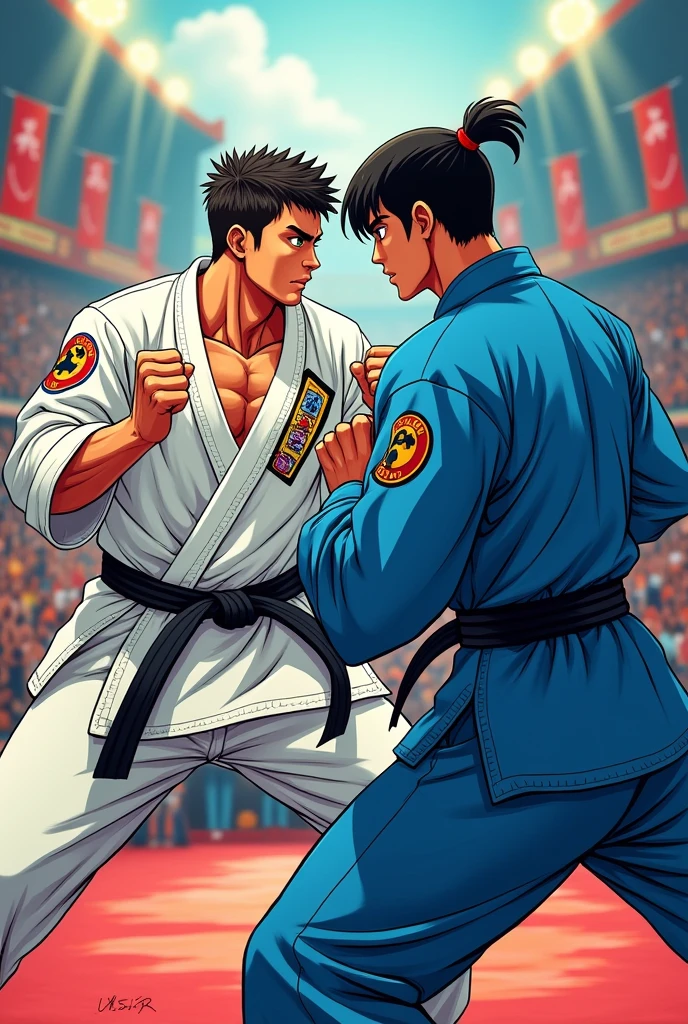 Create a picture of two male karate fighters on a tournament in comic style for instagram in 1:1 format