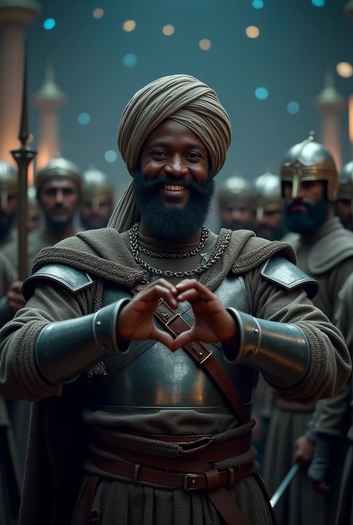 front chest , finger at With both hands make heart sign ,cinema shoot with staff , Muslim warriors, black man , middle body, (Has black hair and a beard, big smile),(Cover the whole body in armor, make V sign,  ((He wears a chain clothes, and Wearing a turban, body light armor))) , night  ((Anatomically correct,Surrealism, uhd, retina, accurate, anatomically correct, textured skin, super detail, high details, best quality, 8k))