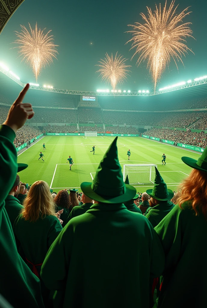 A Harry Potter quidditch match with drunk irish wizards, hyperrealistic