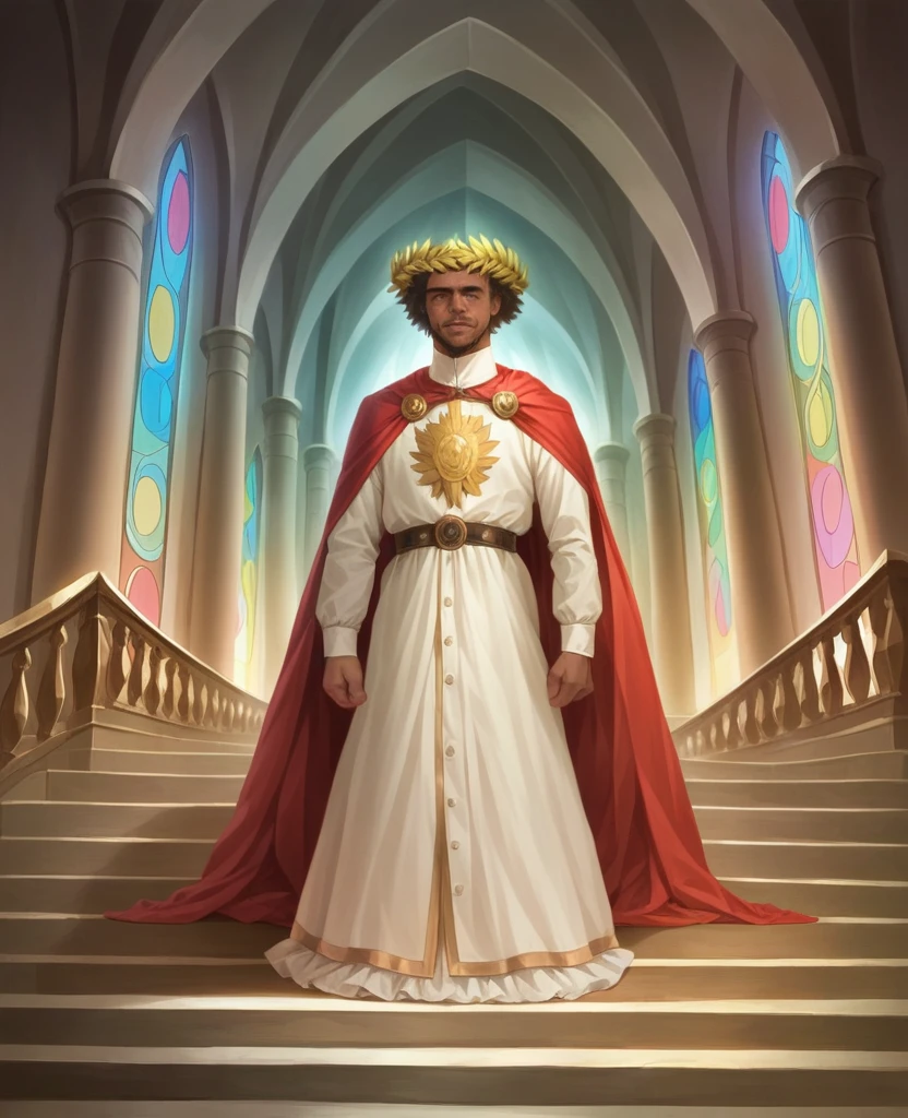 man, muscular, with a claw scar on the left side of his face, brown left eye, blue right eye, heterocromia, trapezoidal head, Aquiline nose, cleft chin,with short beard, short hair castaño con degradación blanco en las puntas, short hair, dressed as emperor, golden laurel wreath crown, red cape, tanned skin, standing on stairs leading to a medieval castle, High resolution,sharp focus,(ultra detailed,extremely detailed),(photorealistic artwork:1.37),(extremely detailed CG unity 8k wallpaper),(((vibrant colors,vibrant theme))),(Intricate),(masterpiece),(Best Quality)