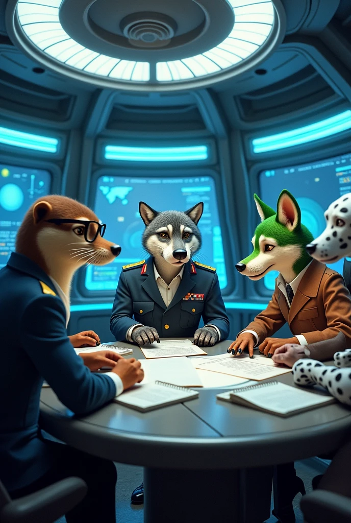 a diplomatic meeting between anthropomorphic otter, wolf with grey fur , wolf with green and white fur and Dalmatian in a space ship briefing room
