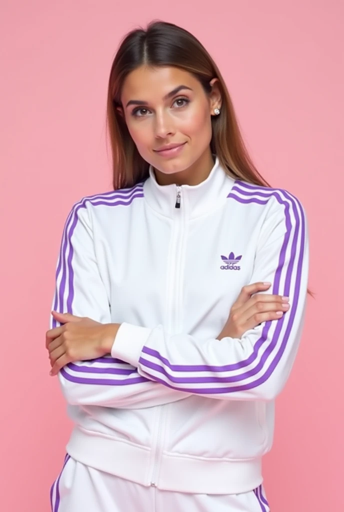 a woman with her arms crossed wearing a white adidas tracksuit with purple stripes. The image features a female model wearing an adidas jacket in front of a pink background.