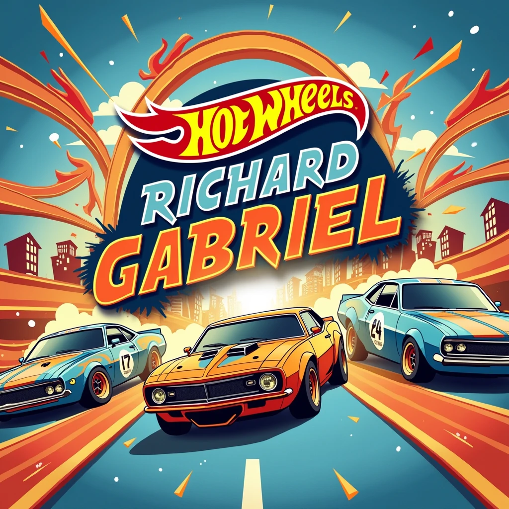 Create an image of a birthday invitation with the hot wheels theme with the child's name Richard Gabriel highlighted with the following information  "data August 24th at 7pm" "neighborhood" Santo Antônio 
And the following message "Come celebrate my birthday with me" 