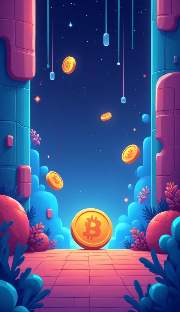 Create a background for a game panel featuring a few Bitcoins dropping down in a fun, cartoonish illustration style. The scene should be playful and visually appealing, with a vibrant, eye-catching color palette. Use a combination of bright and contrasting colors like deep blues, purples, or neon shades to make the gold Bitcoins pop against the background. Incorporate subtle digital or abstract elements, such as grids or circuits, to add a modern, tech-inspired feel. Keep the quantity of Bitcoins moderate, ensuring they don't overwhelm the scene. Add subtle motion blur or glow effects around the Bitcoins to emphasize their movement, while maintaining a balanced and harmonious composition.