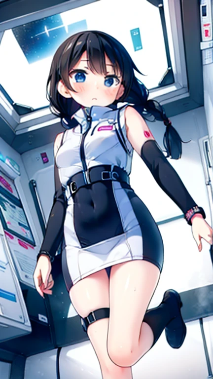 (Highest quality), (masterpiece), 1080P, High resolution, 4K, 8k, Inside the space station、Futuristic room、Thigh straps, Shooting from directly below, The woman on top of me, 白いSweat, Covered , Sweat, Woman looking down, Skirt swimsuit, Thigh-high socks, To achieve this, , , whole body, Black leather shoes, Braided hair, Inner Color, Embarrassed face, Short black hair, bracelet, Bedroom,celestial body_Vest
