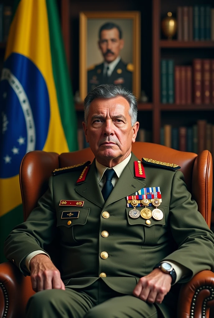 A realistic and detailed portrait of a Colonel of Roman descent in the Brazilian army, around 40 years old with the face of an aggressive person. He has a very muscular and wide body, with military black and gray hair on the sides, and a thin scar on his face like a mark of bravery, He has a smooth mustache. He is wearing a high-ranking olive green uniform of the Brazilian Army officer, adorned with medals and decorations. The background features a Brazilian Army office, with books and flags of Brazil and the Integralist Blue flag, The wall also has a photo of 2 Brazilian dictators and a realistic coat of arms., which contributes to the atmosphere of authority and respect. The Colonel is sitting in a comfortable armchair., Breathing wisdom and strength, and appears as a respected and esteemed leader