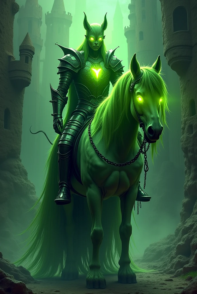 Humanoid with green skin, eyes shining like headlights, with his chest emitting a strong light from within, connected anatomically to a mutant horse with eyes shining like headlights and greenish fur, base zombie, base medieval knight,  anime styling