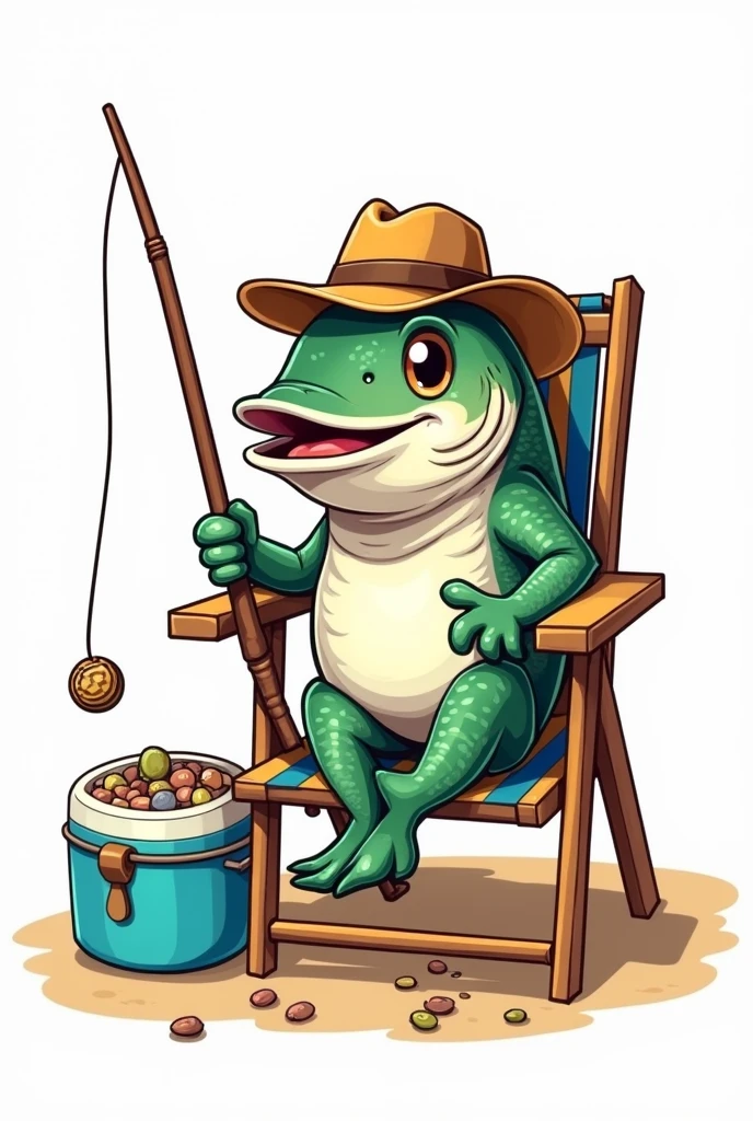 drawn style, a fishing trout, with hat and fishing rod, sitting in a beach chair. on a white background