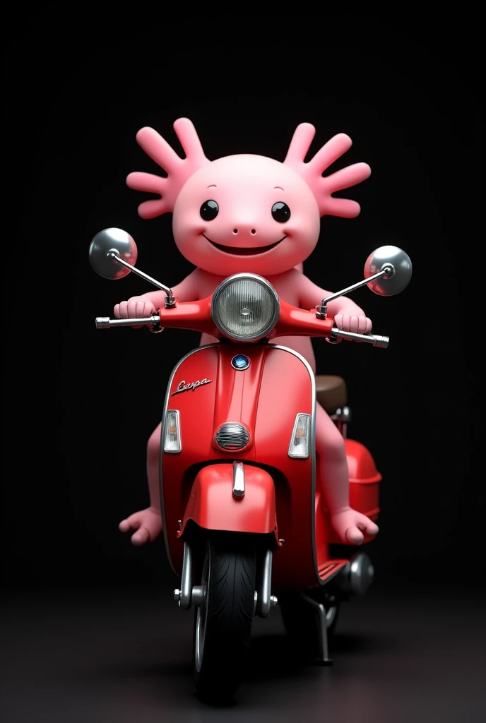 Axolotl riding a motorcycle, pink axolotl, grey motorcycle, black background, cartoon , round fins, no visible tail, the motorcycle should be a red Vespa, the whole picture should only be seen from the side, the axolotl should look into the camera