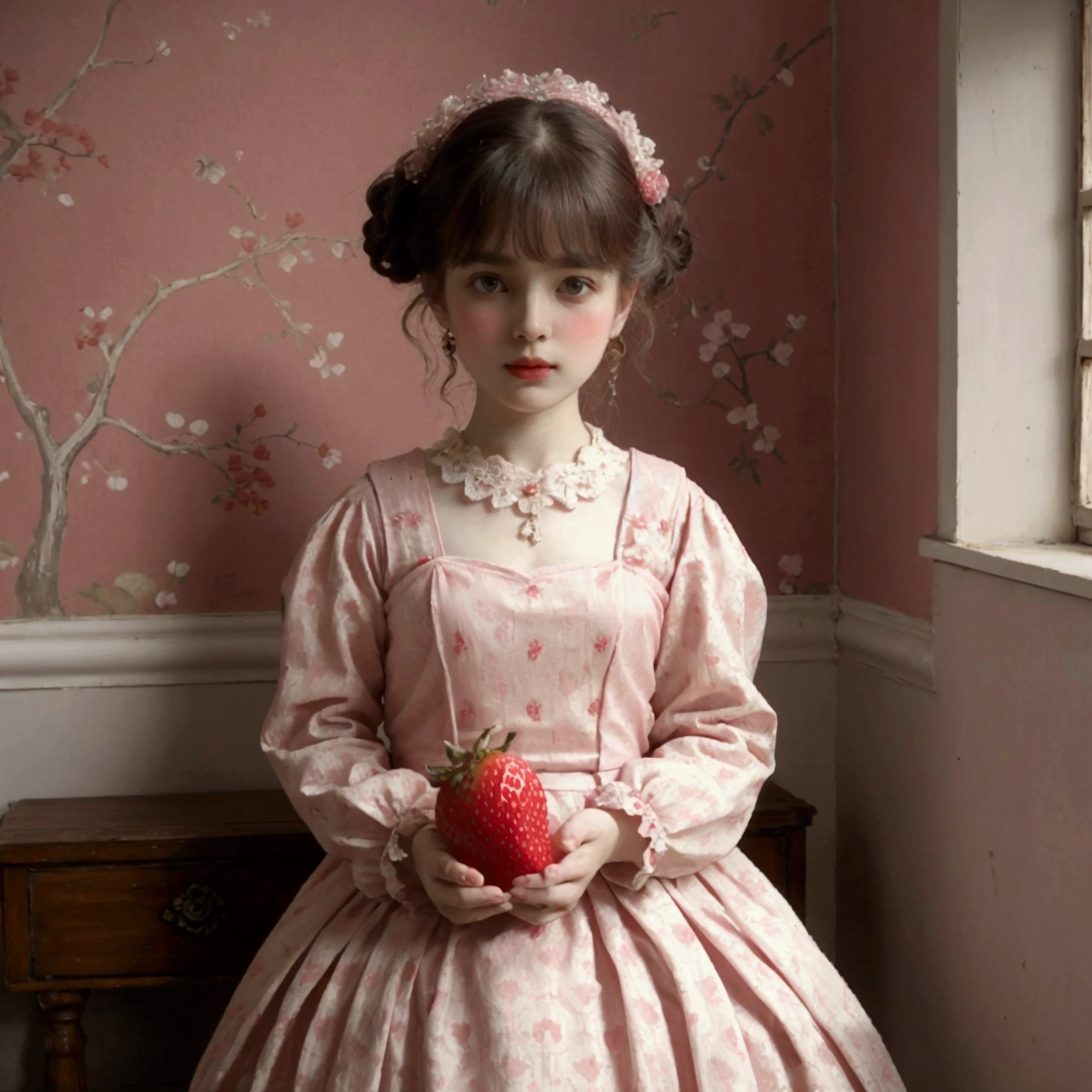 Pale pink An antique dress with a red strawberry pattern