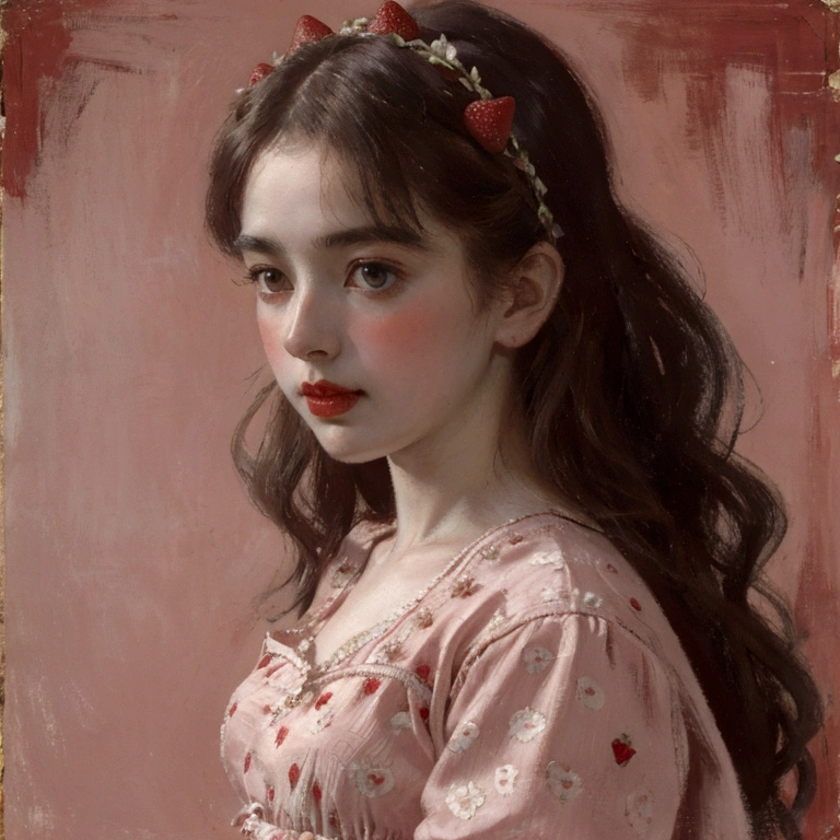 Pale pink An antique dress with a red strawberry pattern