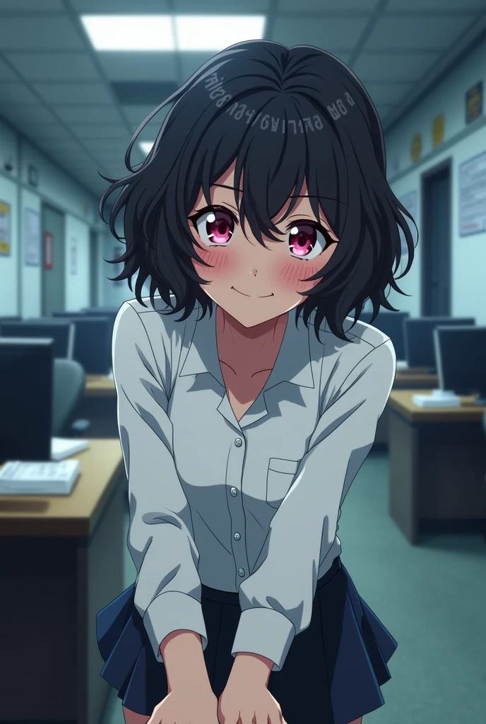Anime girl with short curly black hair and angular pink eyes wearing a white dress shirt bending over embarrassed and mischievous and sly blushing with shy grin at camera and holding hands with somebody beyond the camera in an police office setting