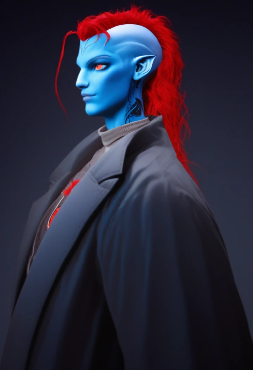 Oc,na’vi, a alien blue skin skinny buff femboy man wearing black trench-coat with a red mark on the bust,red hair,thick, in an 90’s style. He’s androgynous , fullbody,including some weapons and a sensual , cool expression.The scene has a cool,sweet,stargate/Bill Sienkiewicz style and a vibrant tone. Modern urban setting in the background.