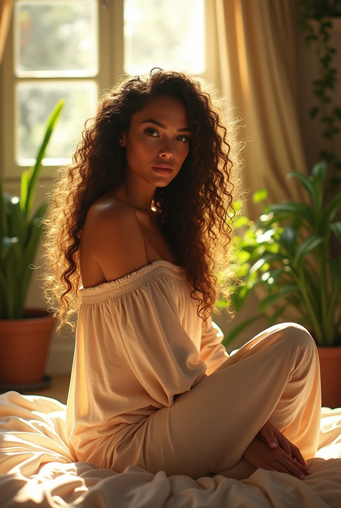 (photorealism:1.2), beautiful woman, sitting on bed, wearing loose off-shoulder top, pajama pants, long curly hair, indoors, soft lighting, plants in background, window with sunlight, cozy room, relaxed pose, realistic, intricate details, warm colors, by Greg Rutkowski, by Alphonse Mucha