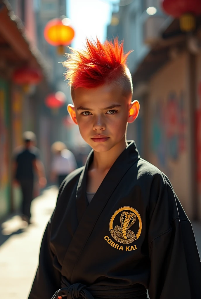 Create an adolescent with a spiky red mohawk, a lip disability, and a Cobra Kai kimono.