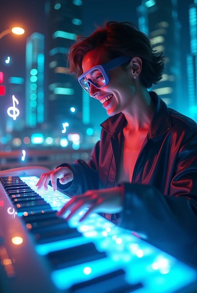 Person playing a holographic piano live with augmented reality glasses