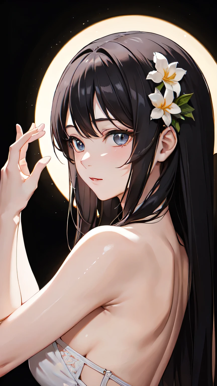 ((best quality)), ((masterpiece)), (detailed), 1girl, sexly,night,Almond Eye,In the dream of a tropical night,The shadow dancing with you,The starlight illuminates, Secrets for just the two of you ,In the tropical night, we dance,Close up of face