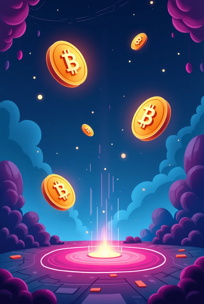 Create a background for a game panel featuring a few Bitcoins dropping down in a fun, cartoonish illustration style. The scene should be playful and visually appealing, with a vibrant, eye-catching color palette. Use a combination of bright and contrasting colors like deep blues, purples, or neon shades to make the gold Bitcoins pop against the background. Incorporate subtle digital or abstract elements, such as grids or circuits, to add a modern, tech-inspired feel. Keep the quantity of Bitcoins moderate, ensuring they don't overwhelm the scene. Add subtle motion blur or glow effects around the Bitcoins to emphasize their movement, while maintaining a balanced and harmonious composition.