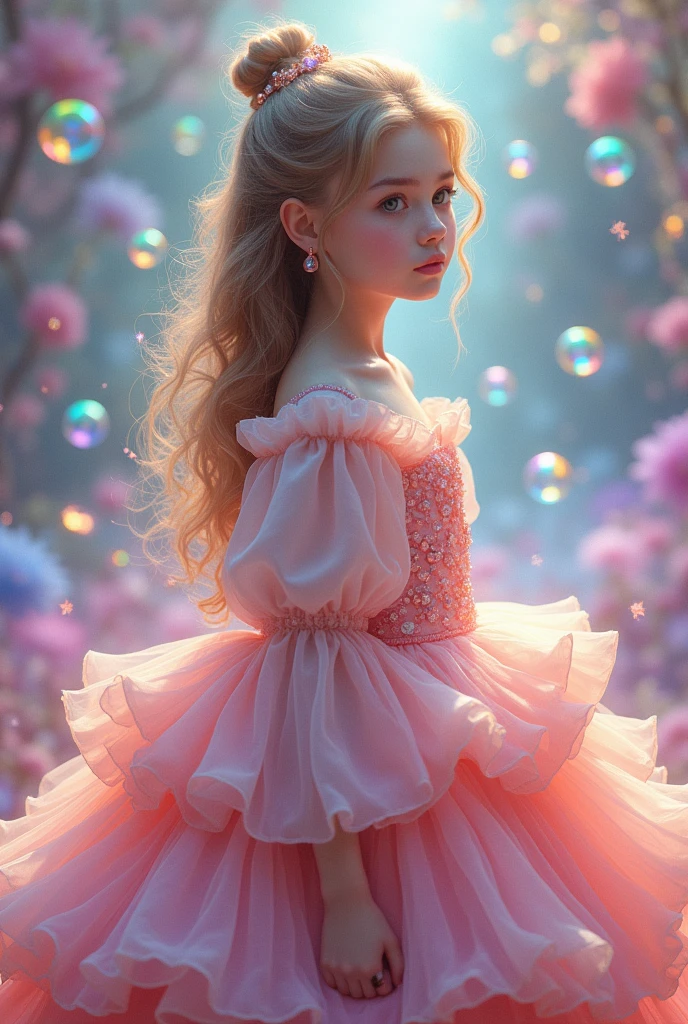 masterpiece, best quality, 8k resolution, sharp focus, intricate detail, beautiful girl, sparkling eyes, golden ratio face, otherworldly liquid, watercolor, pastel colors, bright colors, whimsical, colorful, sharp focus, high resolution, fine detail, ((layered tiered puffy long sleeves ballgown)), ((round eyes)), iridescent bubbles, fantasia background