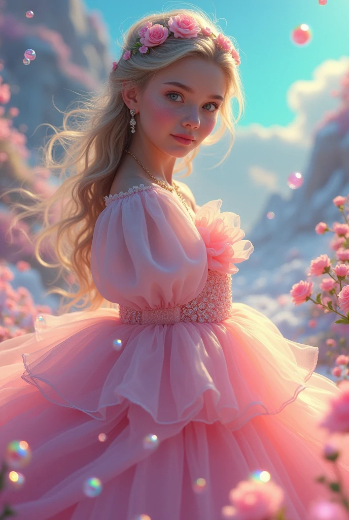 masterpiece, best quality, 8k resolution, sharp focus, intricate detail, beautiful girl, sparkling eyes, golden ratio face, otherworldly liquid, watercolor, pastel colors, bright colors, whimsical, colorful, sharp focus, high resolution, fine detail, ((layered tiered puffy long sleeves ballgown)), ((round eyes)), iridescent bubbles, fantasia background