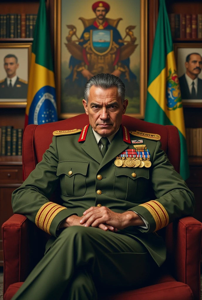 A realistic and detailed portrait of a Colonel of Roman descent in the Brazilian army, around 40 years old with the face of an aggressive person. He has a very muscular and wide body, with military black and gray hair on the sides, and a thin scar on his face like a mark of bravery, He has a smooth mustache. He is wearing a high-ranking olive green uniform of the Brazilian Army officer, adorned with medals and decorations. The background features a Brazilian Army office, with books and flags of Brazil and the Integralist Blue flag, The wall also has a photo of 2 Brazilian dictators and a realistic coat of arms., which contributes to the atmosphere of authority and respect. The Colonel is sitting in a comfortable armchair., Breathing wisdom and strength, and appears as a respected and esteemed leader