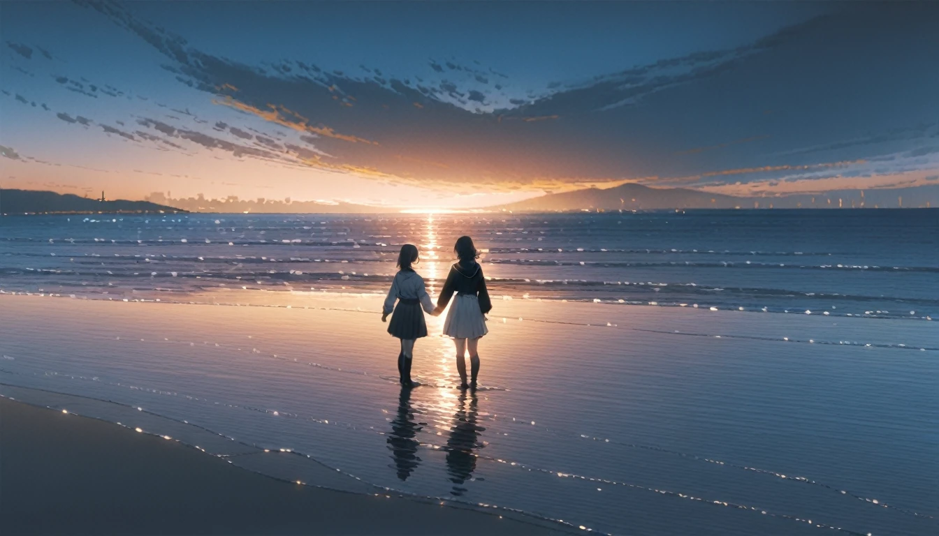 (close:1.4)、(RAW Photos:1.2)、(Realistic:1.4)、(masterpiece:1.3)、(Highest quality:1.4)、Japanese Girls、(Night view:1.2)、Light clothing、cute、Step into the sea、Standing on tiptoes、landscape、Between the horizon and the sea、Side view、Ripples spreading from the toes、Standing about 20 meters away、On the Sea、The whole scene is Shiny O's、illumination、