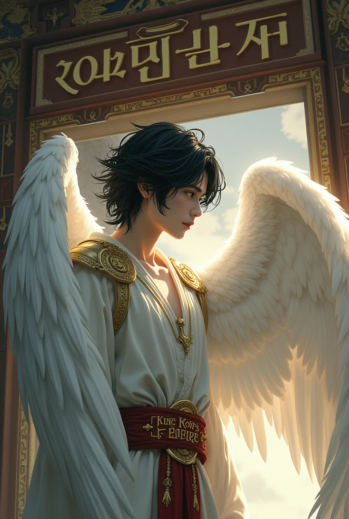 Masterpiece, best quality, (very detailed CG unit 8k wallpaper) (best quality), (best illustration), (best shadows) (male), angel with white wings, looking at a sign that says: King Kodo's Empire, black hair, side view, belt that says King Kodo's Empire