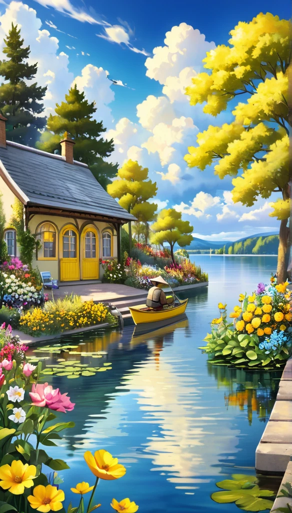 Beautiful Garden, realism, lake, amazing clouds, yellow bike, fisherman, Flowers,romantic,Amazing beauty,32k