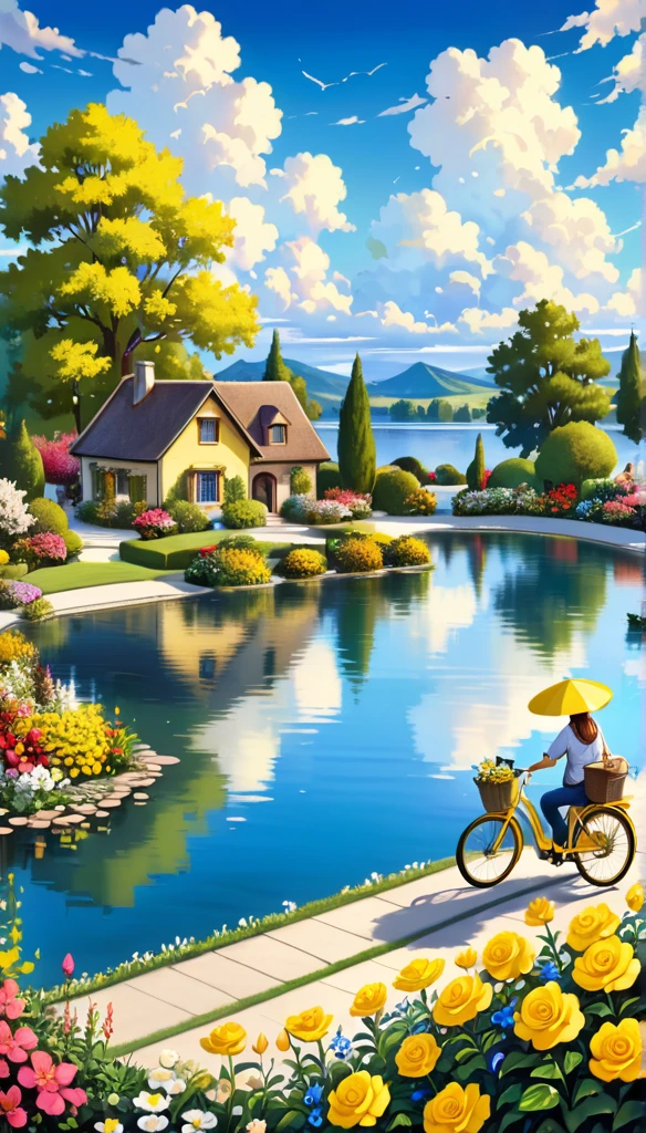 Beautiful Garden, realism, lake, amazing clouds, yellow bike, fisherman, Flowers,romantic,Amazing beauty,32k