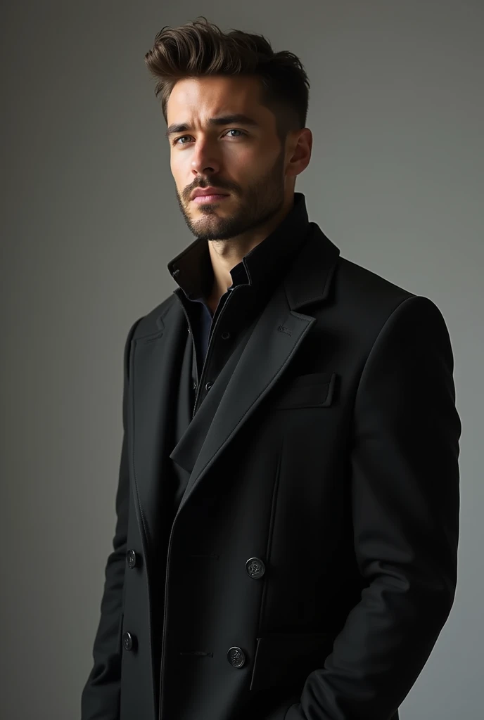 A handsome man in pent kot with simple grey background