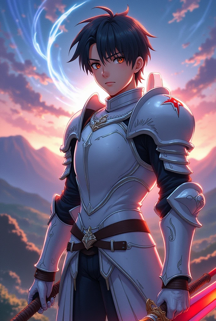 Portrait of a knight who has short black hair and brown eyes, and wear a white armor. He looks very serious, and confident, and fight with a long magic staff in the left hand and a red sword in the right hand. Anime style