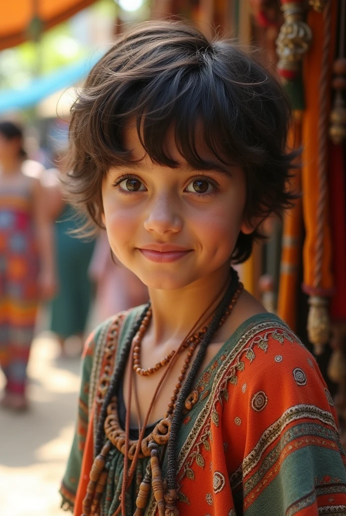 Girl with short messy hair, dark brown eyes, black lens, It would be with a penetrating look in a bohemian style 