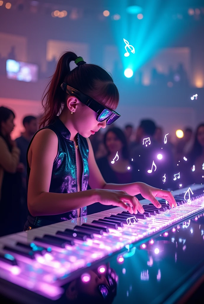 Person playing a holographic piano live with augmented reality glasses