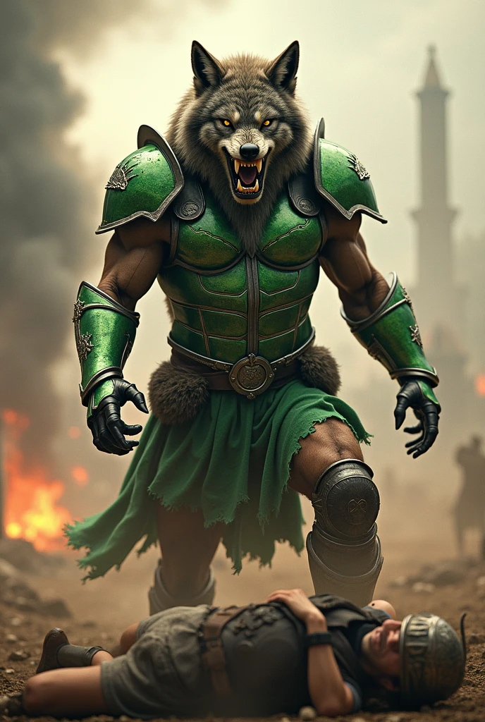 (photorealism:1.2), Werewolf,Heineken armor ,legendary ,devouring Spartan warrior, war background 