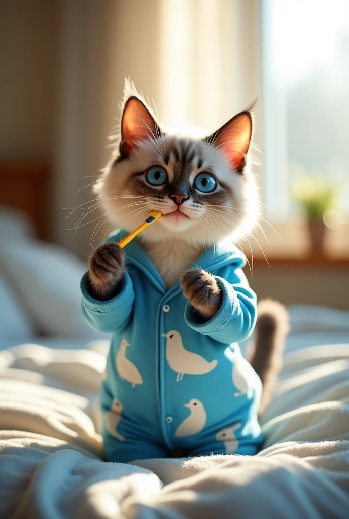 a very cute cat, with striking blue eyes, beautiful hairs , his name is Nilon, he is standing near your cozy bed, and is dressed in blue pajamas with white birds. The bedroom window is open and a very beautiful sunlight comes in.. ele esta no seu banheiro olhando para o espelho e escovando seus dentes com uma escova amarela