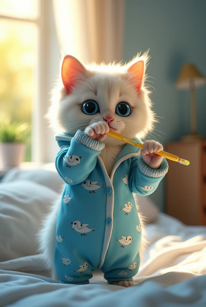 a very cute cat, with striking blue eyes, beautiful hairs , his name is Nilon, he is standing near your cozy bed, and is dressed in blue pajamas with white birds. The bedroom window is open and a very beautiful sunlight comes in.. ele esta no seu banheiro olhando para o espelho e escovando seus dentes com uma escova amarela
