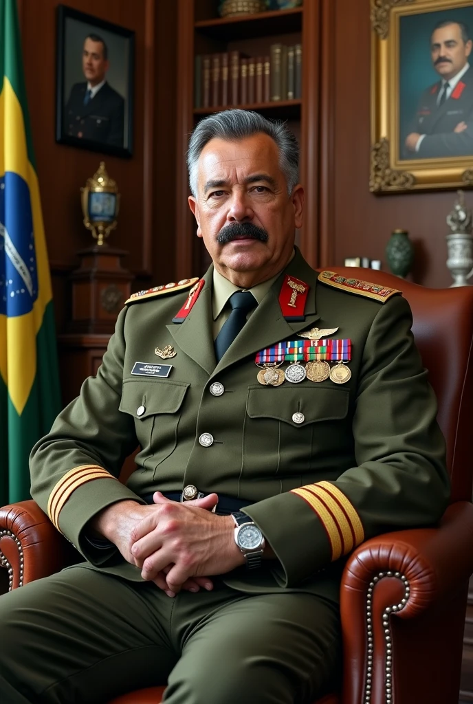 A realistic and detailed portrait of a Colonel of Roman descent in the Brazilian army, around 40 years old with the face of an aggressive person. He has a very muscular and wide body, with military black and gray hair on the sides, and a thin scar on his face like a mark of bravery, He has a smooth mustache. He is wearing a high-ranking olive green uniform of the Brazilian Army officer, adorned with medals and decorations. The background features a Brazilian Army office, with books and flags of Brazil and the Integralist Blue flag, The wall also has a photo of 2 Brazilian dictators and a realistic coat of arms., which contributes to the atmosphere of authority and respect. The Colonel is sitting in a comfortable armchair., Breathing wisdom and strength, and appears as a respected and esteemed leader